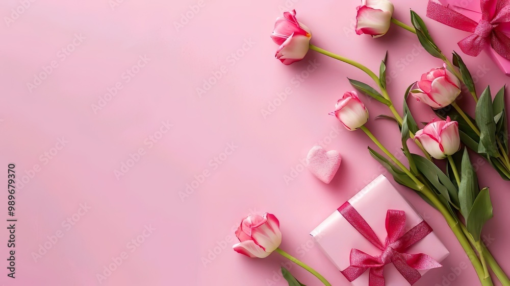 Pink Tulips and Gift Box on Soft Pink Background Pink Tulips and Gift Box on Soft Pink Background