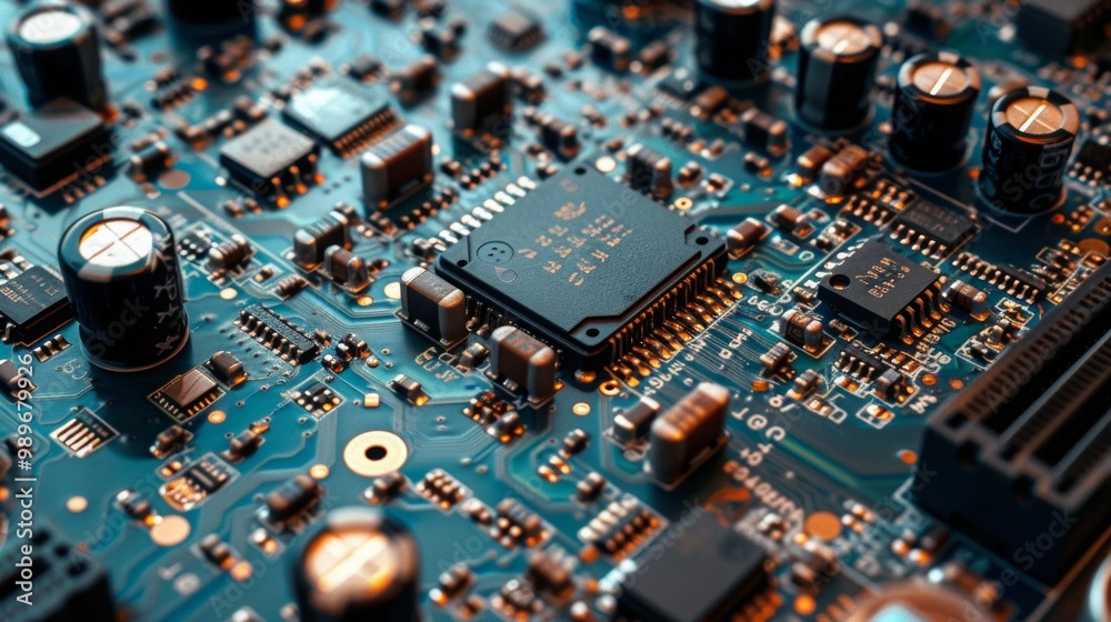 Close-up of a circuit board with intricate electronic components, showcasing the complexity of modern technology. Close-up of a circuit board with intricate electronic components, showcasing the complexity of modern technology.