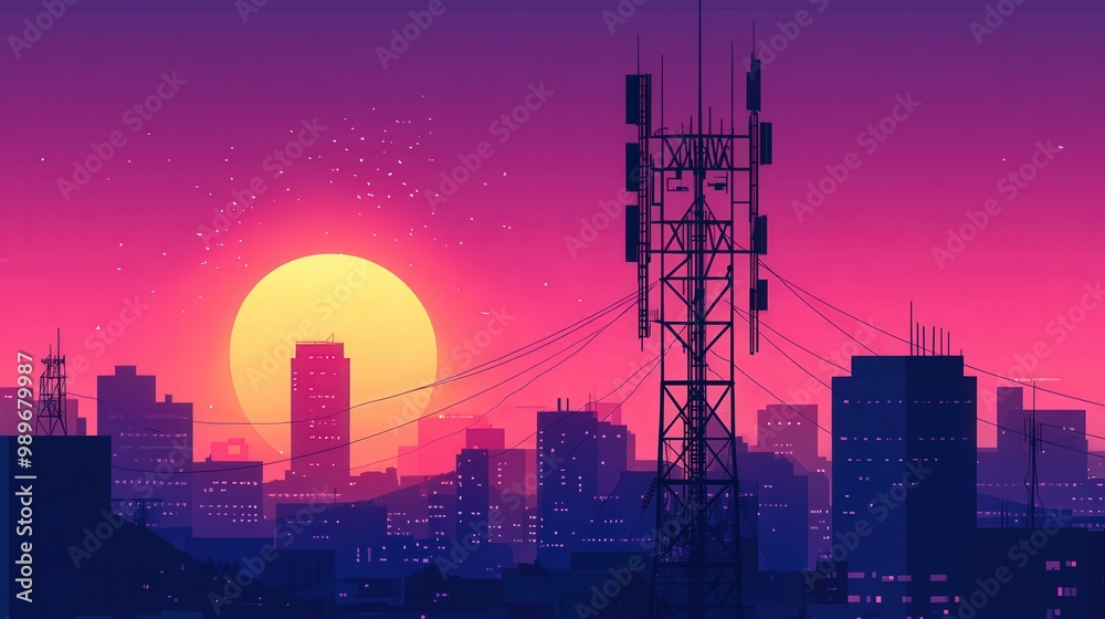 Fototapeta premium Futuristic Communication Tower in Smart City - Digital Connectivity Concept