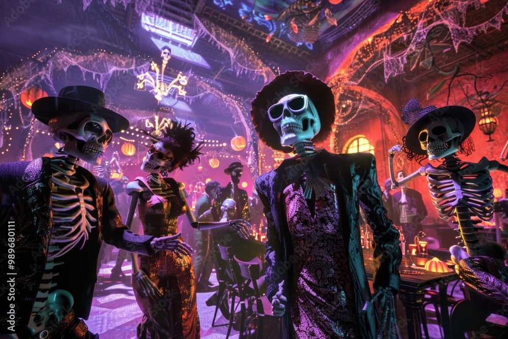 Fototapeta premium Festive skeleton dance party with halloween decorations and vibrant atmosphere. AI