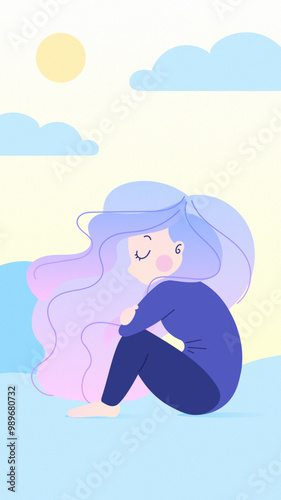 Ilustración mujer cabello largo de colores descansando en el día, estilo minimalista