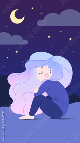 Ilustración mujer cabello largo de colores descansando en la noche, estilo minimalista