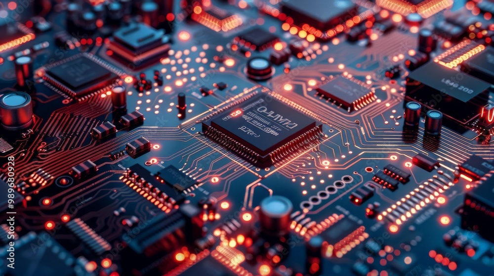 Close-up of a circuit board with glowing red lights. The intricate design of the board showcases the complexity of modern technology. Close-up of a circuit board with glowing red lights. The intricate design of the board showcases the complexity of modern technology.