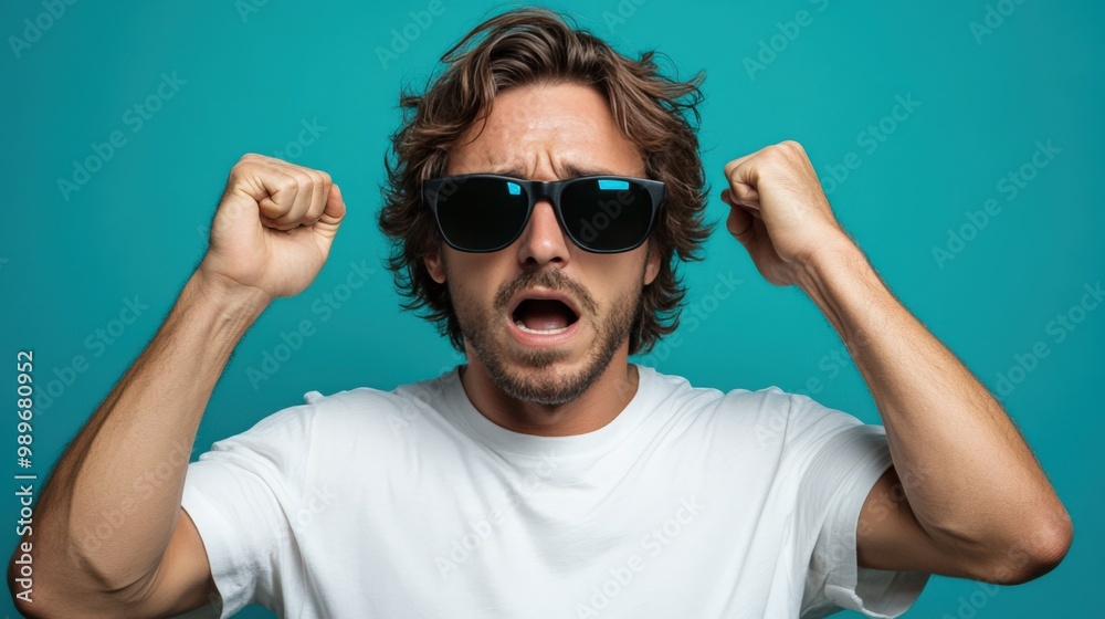 Surprised Guy Wearing Sunglasses on Blue Backdrop Surprised Guy Wearing Sunglasses on Blue Backdrop