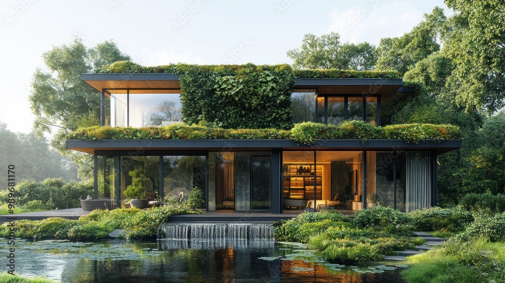 Modern house with greenery and water features in a serene environment. Modern house with greenery and water features in a serene environment.
