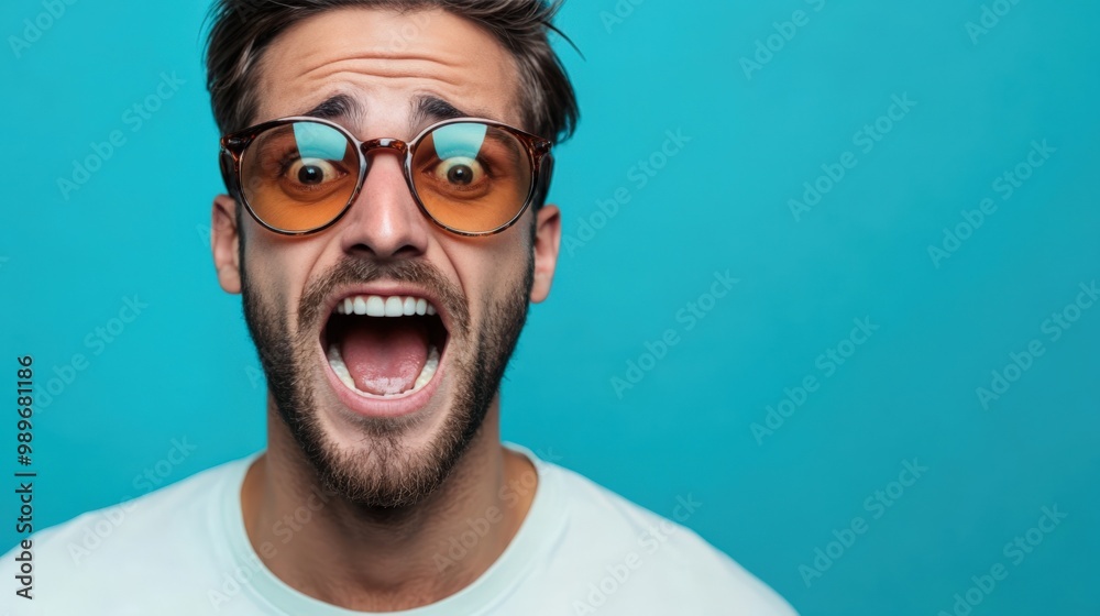 Young Man with Sunglasses and Open Mouth, Isolated on Bright Blue Young Man with Sunglasses and Open Mouth, Isolated on Bright Blue