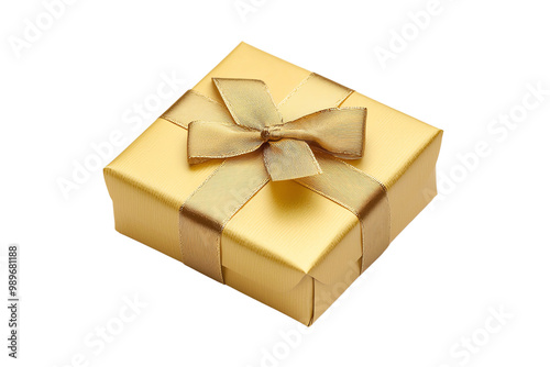 Elegant Gold Gift Box with Matching Ribbon and Bow, Perfect for Special Occasions, Holidays, and Anniversaries, Isolated on Transparent Background