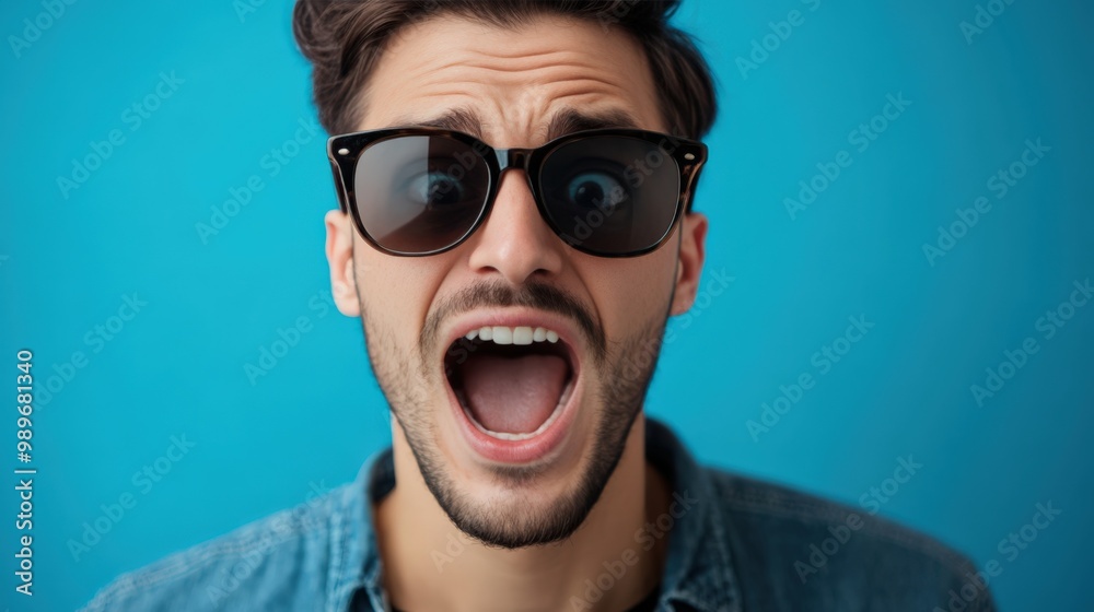 Surprised Young Man Wearing Sunglasses Against a Blue Background Surprised Young Man Wearing Sunglasses Against a Blue Background