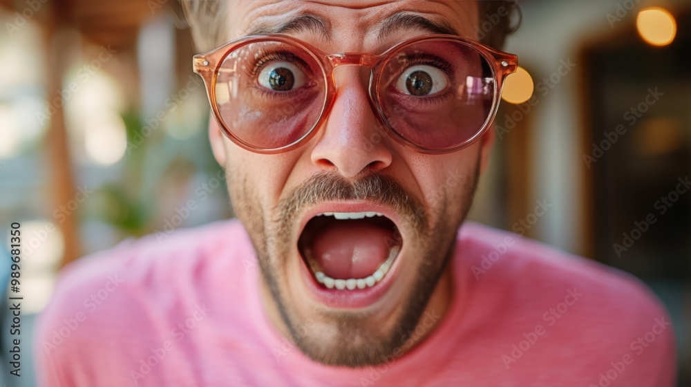 Surprised Guy Wearing Sunglasses in Pink T-Shirt on Blurry Backdrop Surprised Guy Wearing Sunglasses in Pink T-Shirt on Blurry Backdrop