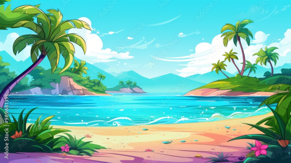 Obraz premium Tropical Beach Scene with Palm Trees, Blue Water, and Sandy Shore