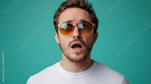 Young Man with Sunglasses and Open Mouth, Isolated on Bright Blue