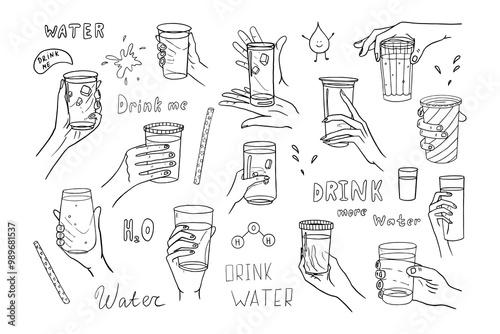 Large set of glasses with water in hand in doodle style. Lifestyle, health, drink more water, sporting, beverage. Hand drawn