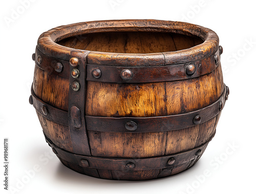 a wooden barrel with metal rivets

