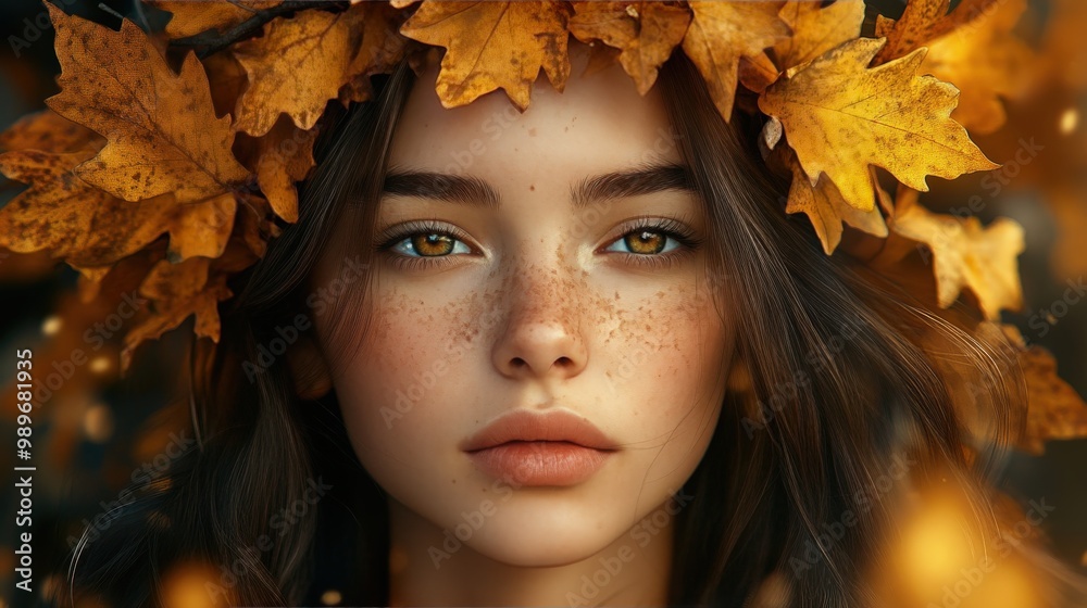 Fantasy girl with flowing hair wearing a golden autumn leaf wreath Fantasy girl with flowing hair wearing a golden autumn leaf wreath