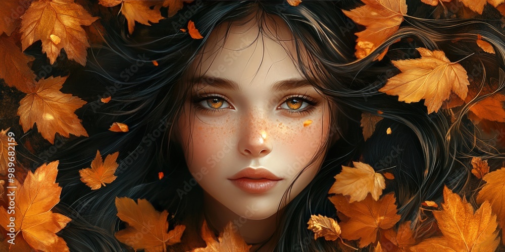 Fantasy girl with flowing hair wearing a golden autumn leaf wreath Fantasy girl with flowing hair wearing a golden autumn leaf wreath