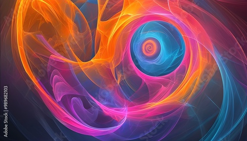 Vibrant swirling patterns in abstract fractal art showcasing shades of orange, pink, purple, and blue, capturing a dynamic sense of movement and energy.