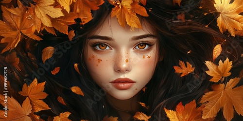 Fantasy girl with flowing hair wearing a golden autumn leaf wreath