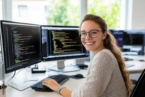 A smiling young woman with glasses sits at her desk in front of two computer monitors, working on code.