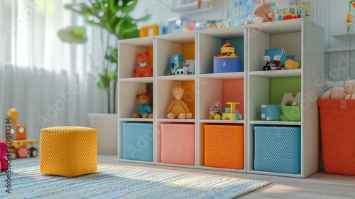 A set of colorful storage cubes with soft bins, arranged neatly in a well-organized kids' room with bright, playful decor.