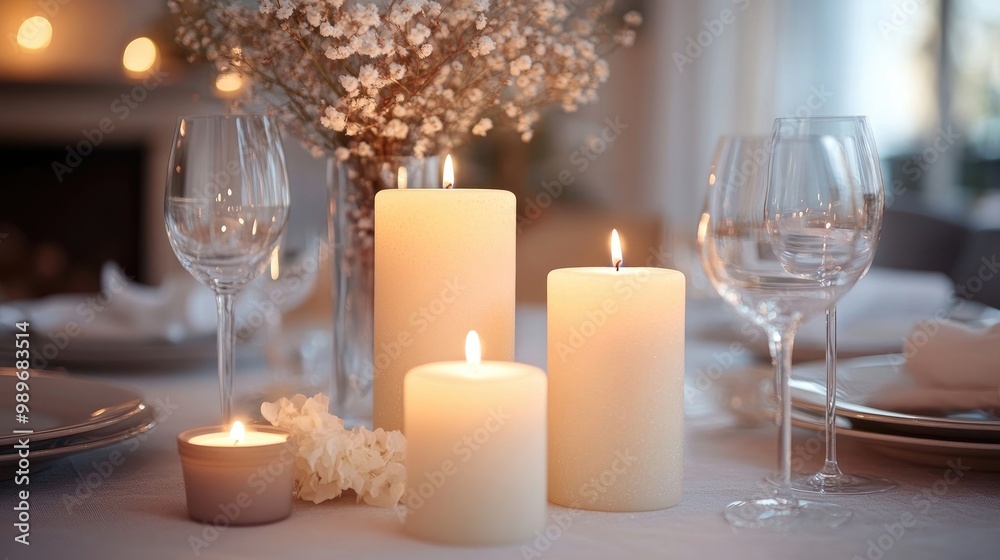 A set of elegant candles in various heights arranged on a dining table. A set of elegant candles in various heights arranged on a dining table.