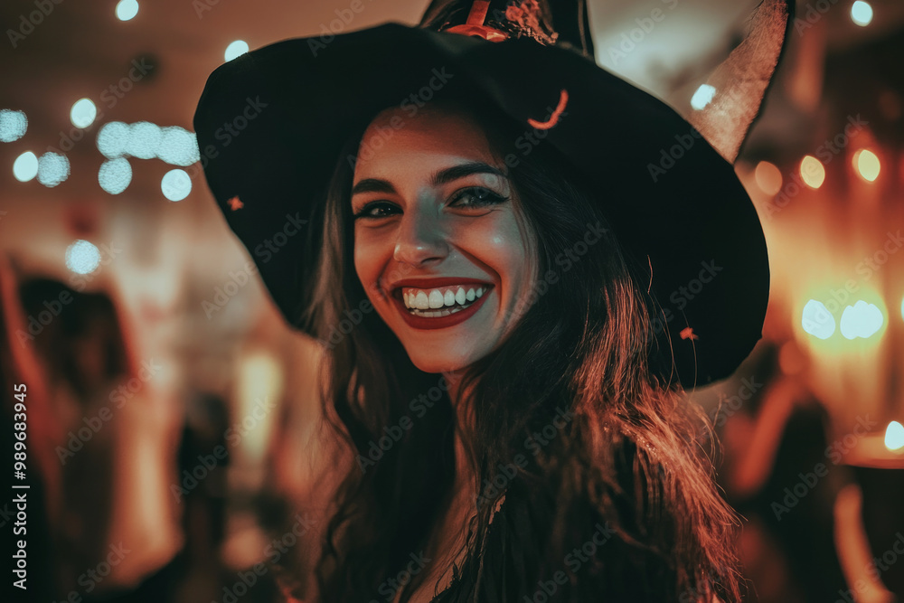 A young woman dressed up as a witch at a Halloween party A young woman dressed up as a witch at a Halloween party