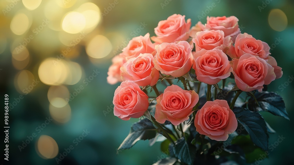 A bouquet of delicate pink roses arranged in a vibrant, lush green backdrop with a soft, warm glow in the background A bouquet of delicate pink roses arranged in a vibrant, lush green backdrop with a soft, warm glow in the background