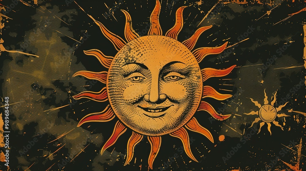 Hand-drawn illustration of a smiling sun with a distressed background Hand-drawn illustration of a smiling sun with a distressed background