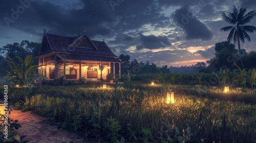 A wooden house with a lit porch sits in a field at dusk. The sky is filled with clouds and stars.