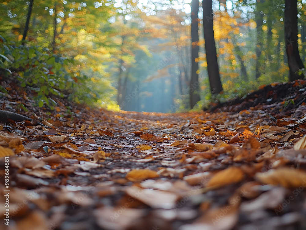 A forest trail with fallen leaves on the ground.
A forest trail with fallen leaves on the ground.