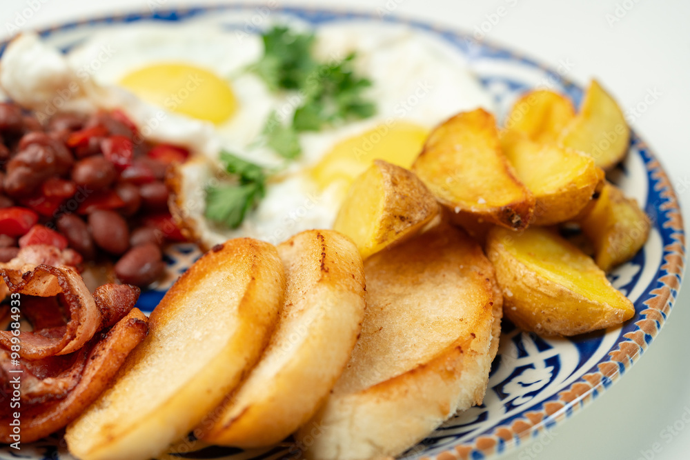 Delicious breakfast plate featuring eggs, beans, bacon, and potato wedges served on a decorative dish Delicious breakfast plate featuring eggs, beans, bacon, and potato wedges served on a decorative dish