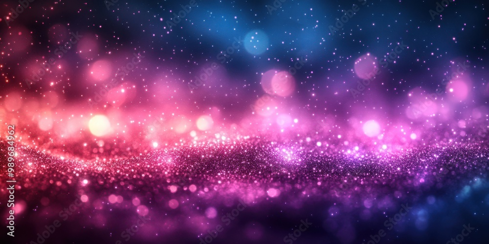 Obraz premium A captivating abstract background with a blend of pink, purple, and blue hues, featuring shimmering glitter and soft bokeh lights