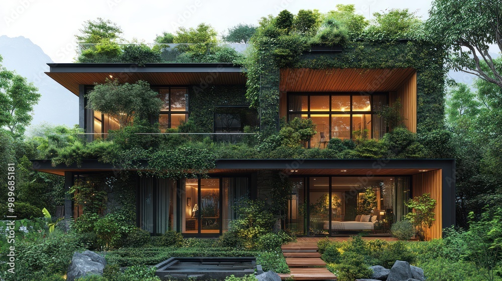 Modern house enveloped in lush greenery and natural surroundings. Modern house enveloped in lush greenery and natural surroundings.
