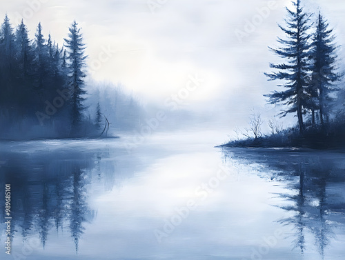 Early morning mist over a peaceful lake.


