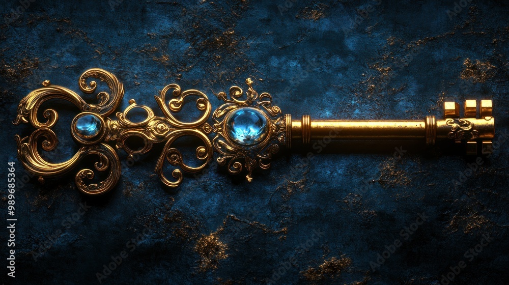 Ornate Golden Key with Blue Gems Ornate Golden Key with Blue Gems