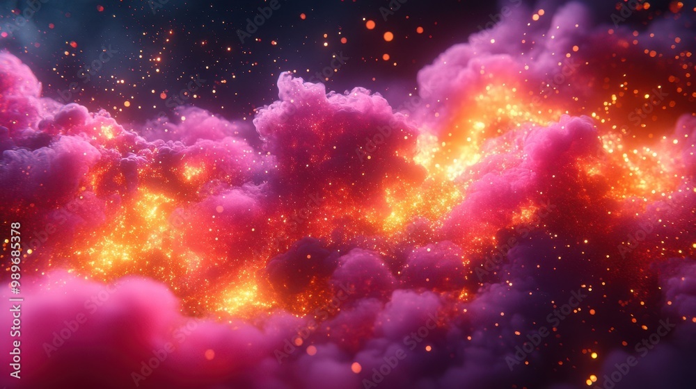Naklejka premium A Celestial Canvas of Swirling Pink and Orange Clouds with Glimmering Dust Particles