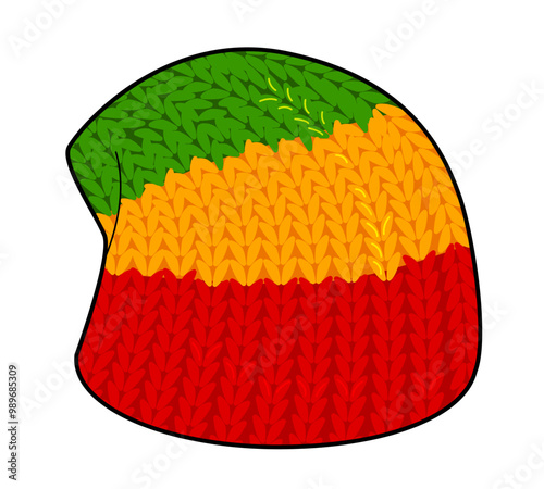 Tam Rasta Hat Knitted Winter Head Fashion accessory cap in red, orange and green colors clothing technical illustration. Vector headgear for Men, women flat template CAD mockup sketch outline isolated