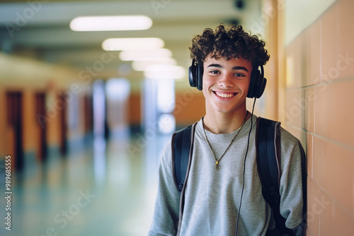 Wallpaper Mural A young man wearing headphones, smiling, leaning against a wall in a school hallway. Torontodigital.ca