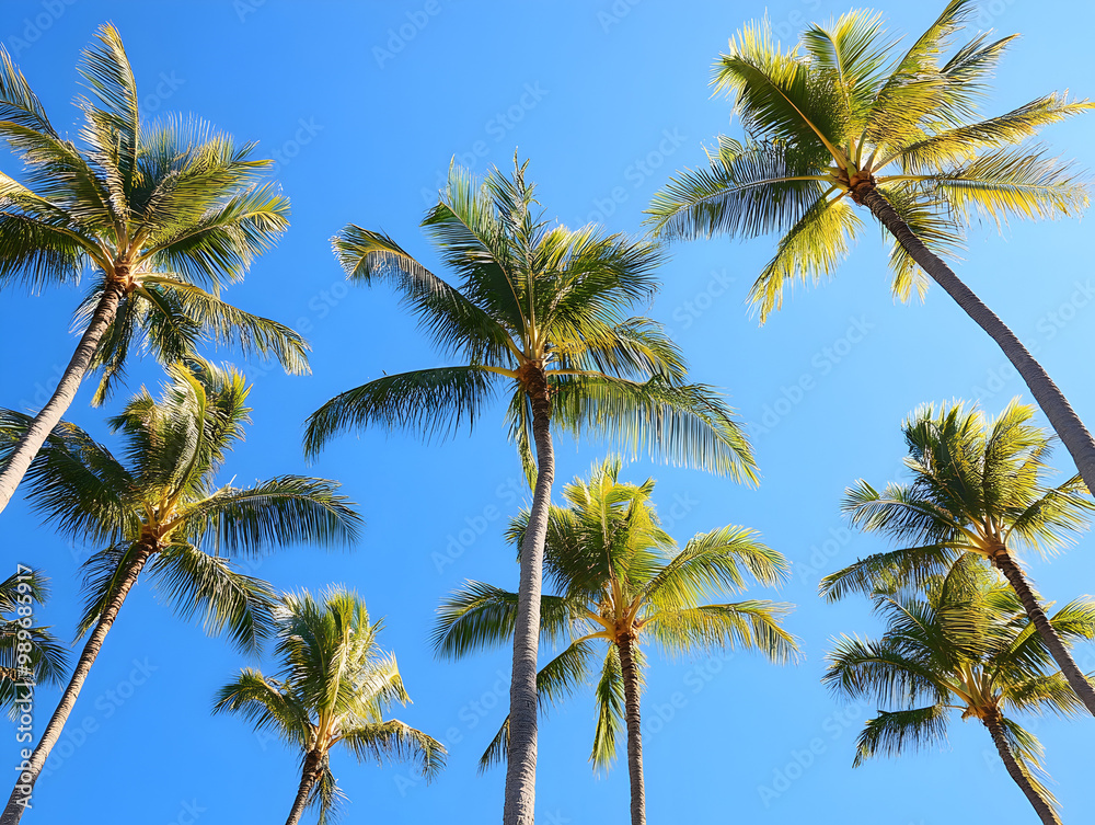 Tall palm trees swaying against a clear blue sky.
Tall palm trees swaying against a clear blue sky.