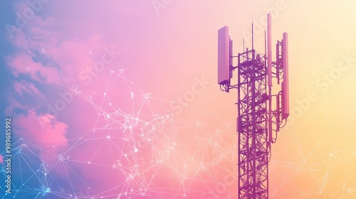 Futuristic Minimalist 5G Base Station Receiver on Telecommunication Tower with Abstract Network Connections on Pastel Background