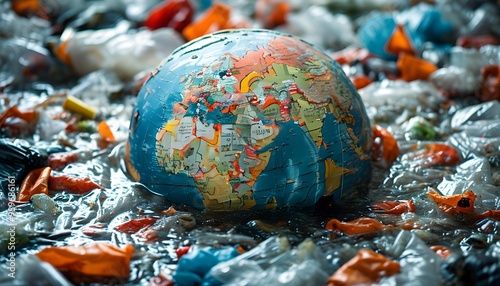 Globe immersed in a sea of plastic waste, illustrating the profound effects of pollution on Earth