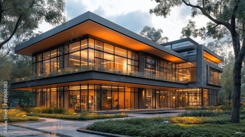 Modern glass house surrounded by greenery at dusk.