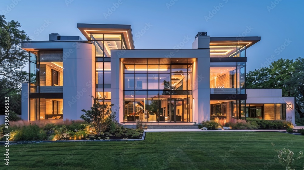 Modern home with large windows illuminated at dusk, showcasing the sleek, minimalist design. Modern home with large windows illuminated at dusk, showcasing the sleek, minimalist design.