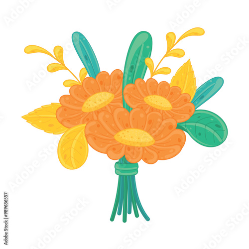 Orange floral bouquet with yellow leaves and green stems Vector