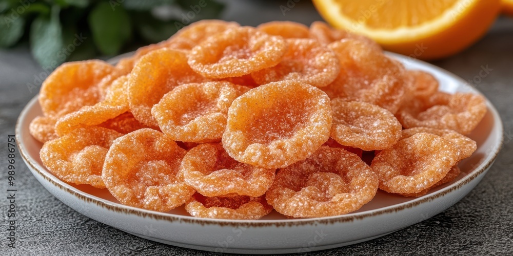 A close up shot of a plate filled with orange flavored candies, each with a slightly crunchy, sugary exterior A close up shot of a plate filled with orange flavored candies, each with a slightly crunchy, sugary exterior