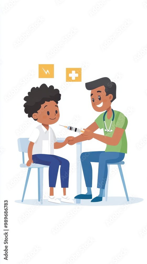 A cheerful child is receiving a vaccination from a smiling healthcare worker in a bright clinic A cheerful child is receiving a vaccination from a smiling healthcare worker in a bright clinic