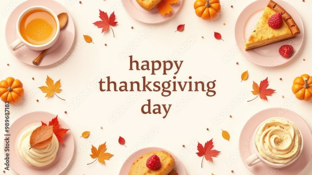 Thanksgiving day celebration with pumpkin pie, cup of tea, and autumn leaves, featuring warm wishes for happy thanksgiving day concept Thanksgiving day celebration with pumpkin pie, cup of tea, and autumn leaves, featuring warm wishes for happy thanksgiving day concept