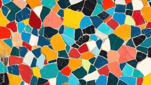 A vibrant mosaic pattern with geometric shapes offers a lively backdrop for creative designs