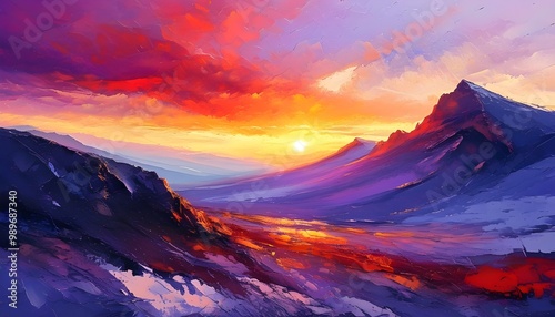 Vibrant Mountain Landscape Bathed in Warm Sunset Hues of Purple and Red