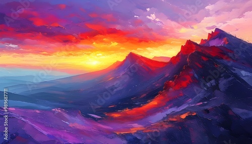 Vibrant Mountain Landscape Bathed in Warm Sunset Hues of Purple and Red