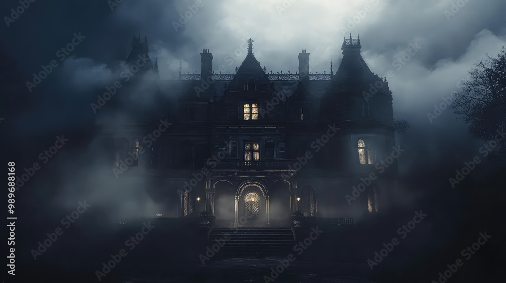 A creepy old house with a foggy atmosphere A creepy old house with a foggy atmosphere